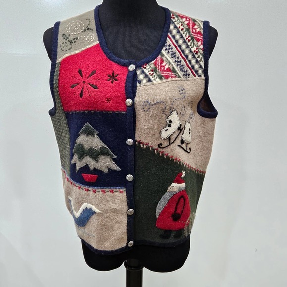 Woolrich 90s Vintage 100% Wool Scoop Neck Button Down Christmas Vest Size M - Picture 1 of 8